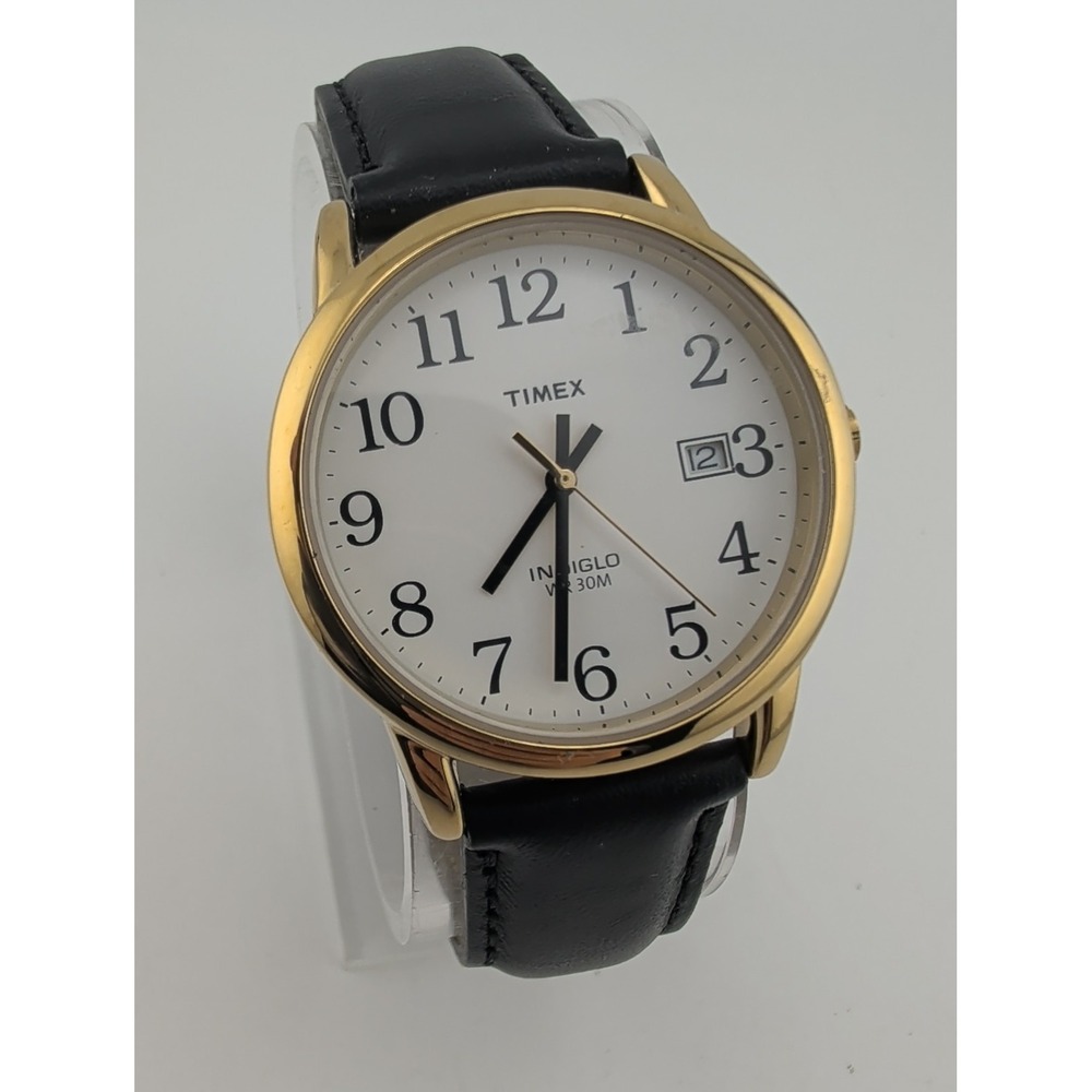 Timex Indiglo Men's Watch Easy Reader 35mm Case Black Leather Band- New Battery